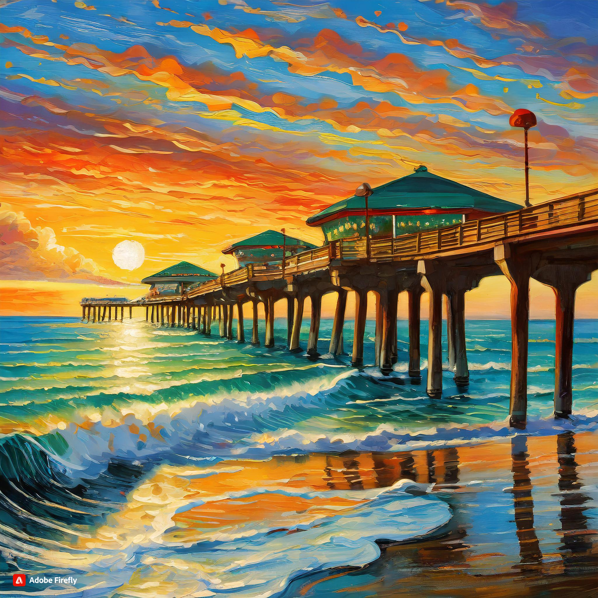  Firefly a sunset falling on Redondo Beach with the view of the water and pier in Claude Monets style.jpg